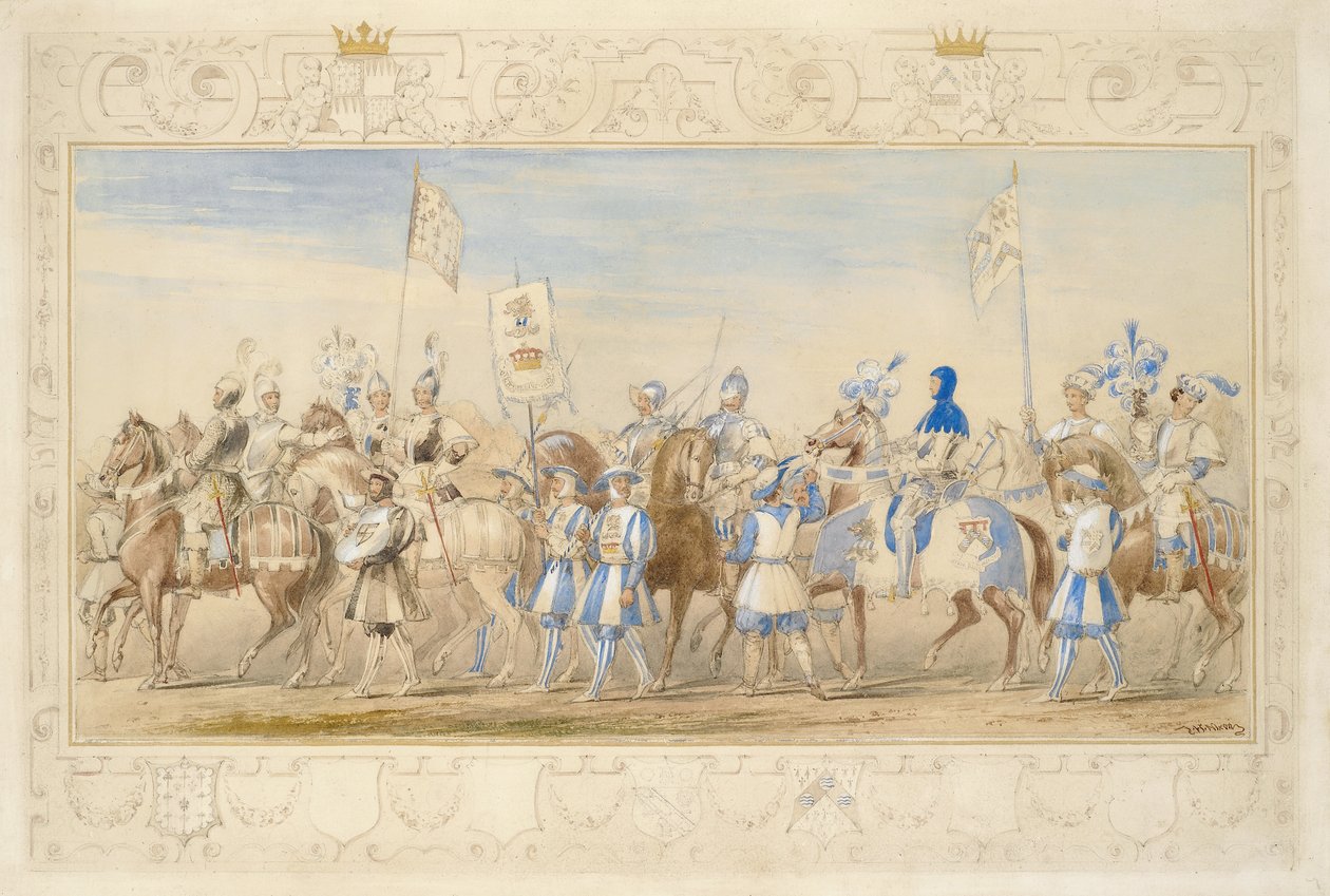 Jatkoa Waterfordin markiisin, lohikäärmeen ritarin ja varakreivi Alfordin, mustan leijonan ritarin seuralle, 1839 (lyijykynä, wc, guassi ja kultamaali paperille) (katso myös 366229) tekijältä James Henry Nixon