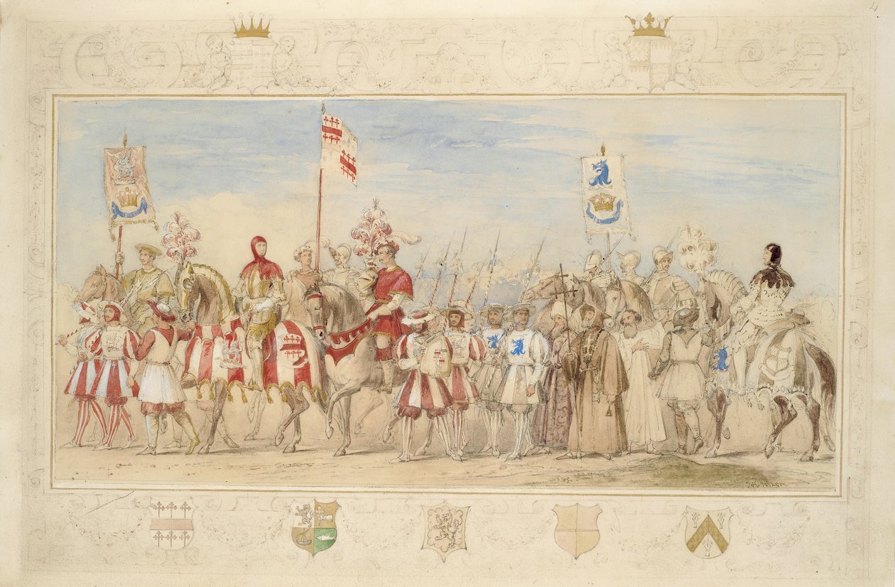 William Cravenin jaarli, Griffinin ritari ja Henry de la Poer Beresford, Waterfordin markiisi, Lohikäärmeen ritari, 1839 (lyijykynä, wc, guassi ja kultamaali paperille) (ks. myös 366230). tekijältä James Henry Nixon