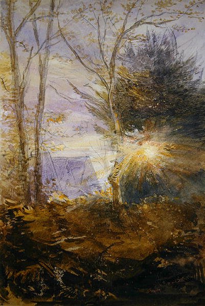 Auringonnousu, Abinger, Surrey (akvarelli paperille) tekijältä James Holland