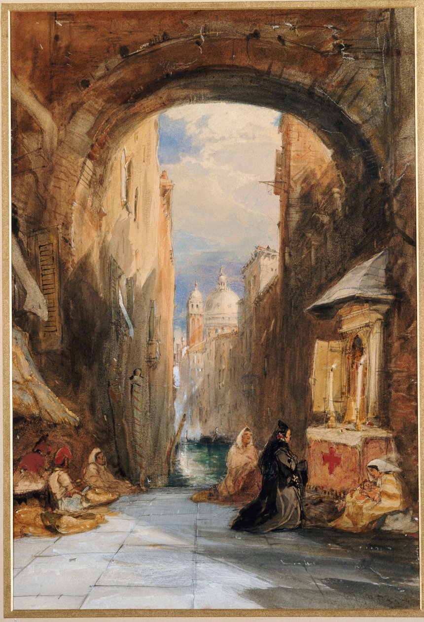 Venetsia: Edicola holvikäytävän alla, Santa Maria della Salute kaukana, 1853 tekijältä James Holland