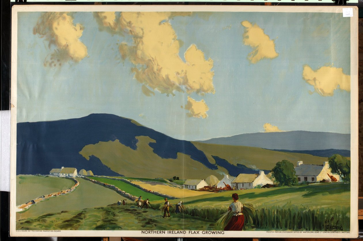 Pohjois-Irlanti - pellavanviljely, sarjasta "The Home Countries First" (värilitho) tekijältä James Humbert Craig