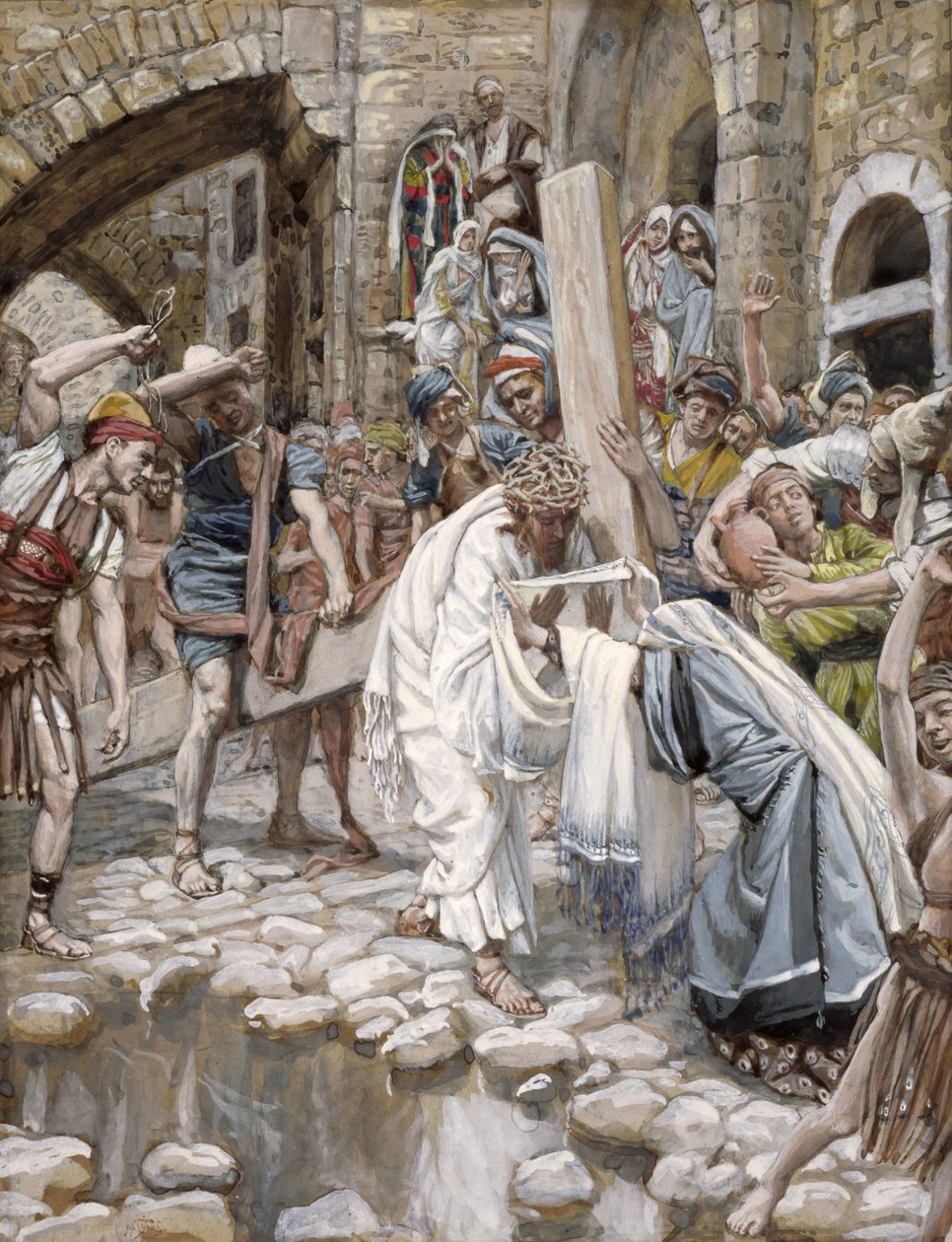 Pyhä nainen pyyhkii Jeesuksen kasvot, kuvitus teokselle The Life of Christ, n. 1886-1894 (wc ja guassi pahville) tekijältä James Jacques Joseph Tissot