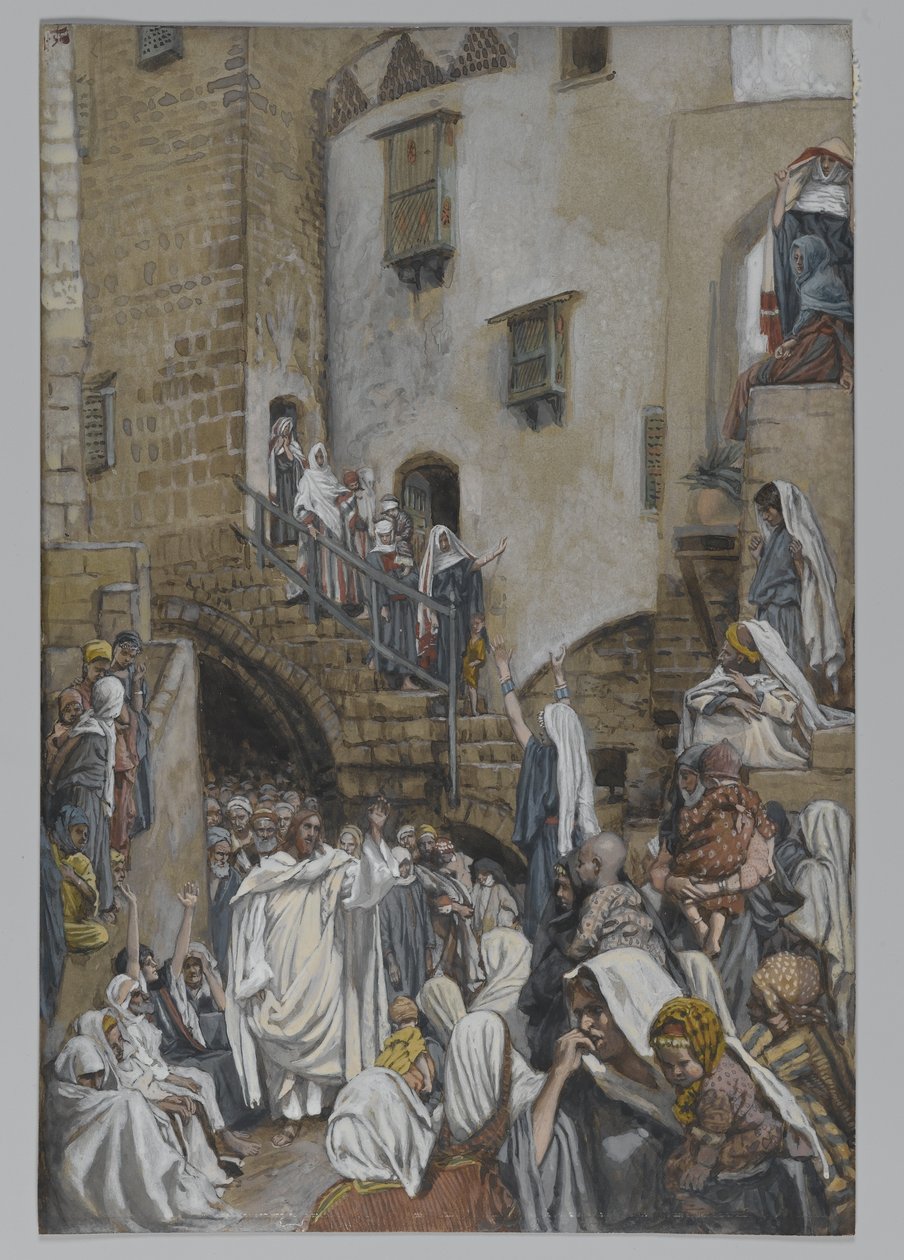 Nainen huutaa väkijoukossa, esimerkki teoksesta Herramme Jeesuksen Kristuksen elämä, 1886-94 (wc grafiitin päällä paperilla) tekijältä James Jacques Joseph Tissot