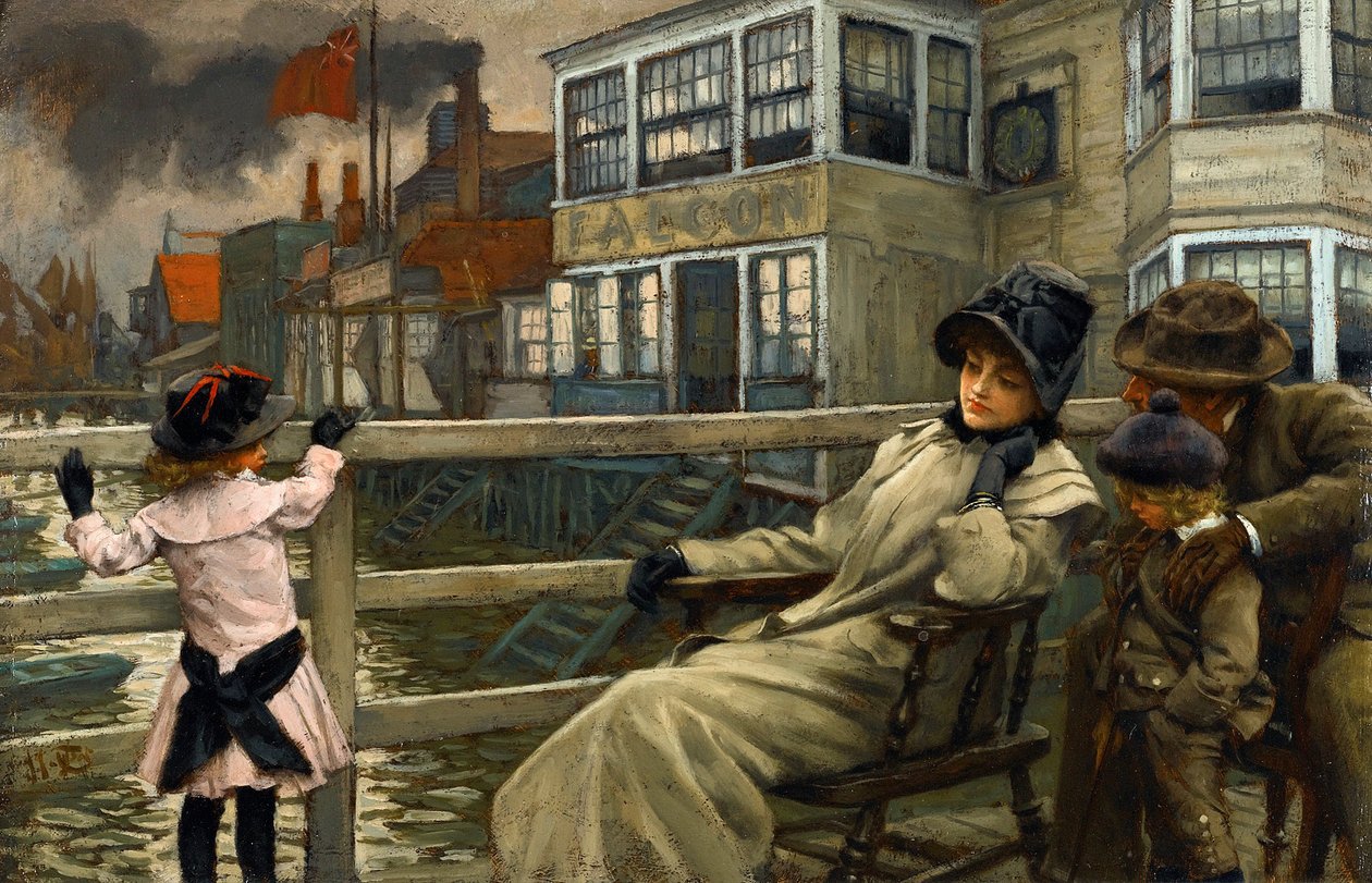 Akateeminen taide: Odotan lauttaa par Tissot, James Jacques Joseph (1836-1902). Öljy puulle, 22,5x32,5. Yksityinen kokoelma tekijältä James Jacques Joseph Tissot