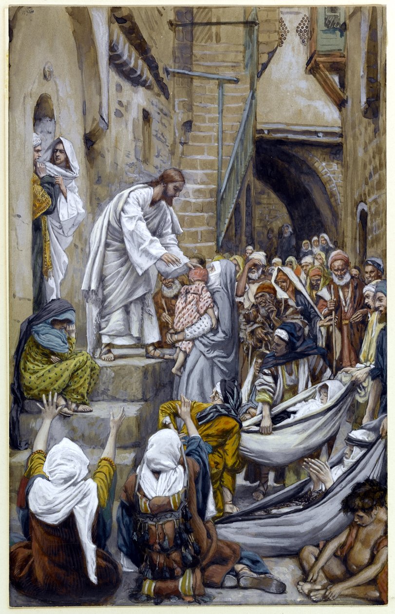 Ja koko kaupunki kokoontui ovelle, kuvitus teokseen The Life of Christ, n. 1884-1896 (wc ja guassi pahville) tekijältä James Jacques Joseph Tissot