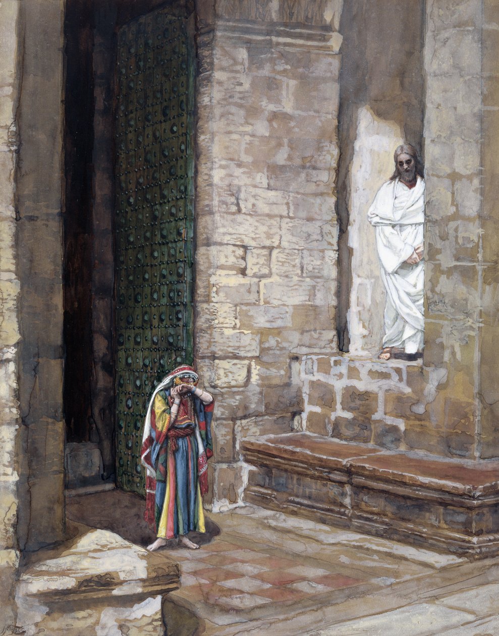 Ja Jeesus jätettiin yksin, ja keskellä oli nainen, kuvitus teokseen The Life of Christ, n. 1886-1894 (wc ja guassi pahville) tekijältä James Jacques Joseph Tissot