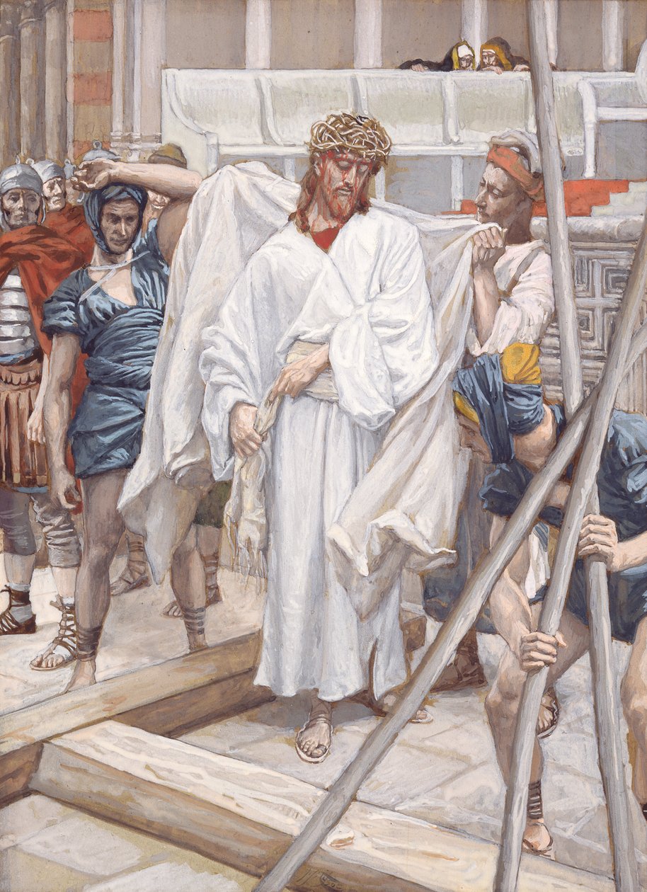 Ja he laittoivat hänet omiin vaatteisiinsa, kuvitus teokselle The Life of Christ, n. 1886-1894 (wc ja guassi pahville) tekijältä James Jacques Joseph Tissot