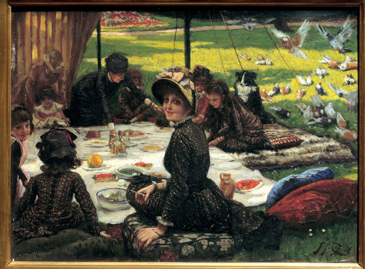 Aamiainen nurmikolla Perhepiknik-kohtaus. Jacques Josephin (Jacques-Joseph) maalaus Tissot, James Tissot (1836-1902) tekijältä James Jacques Joseph Tissot