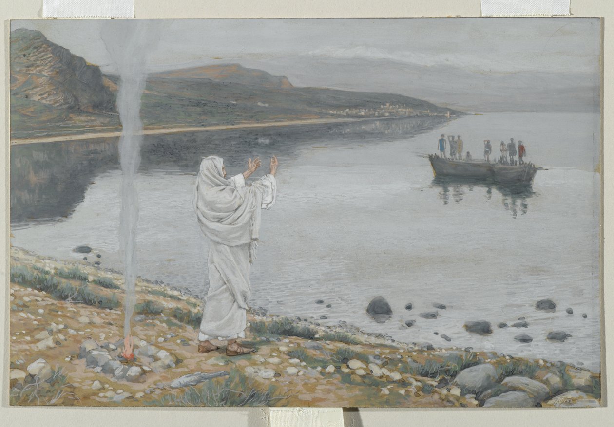 Kristus ilmestyy Tiberias-järven rannalle, esimerkki teoksesta Herramme Jeesuksen Kristuksen elämä, 1886-94 (wc grafiitin päällä paperilla) tekijältä James Jacques Joseph Tissot