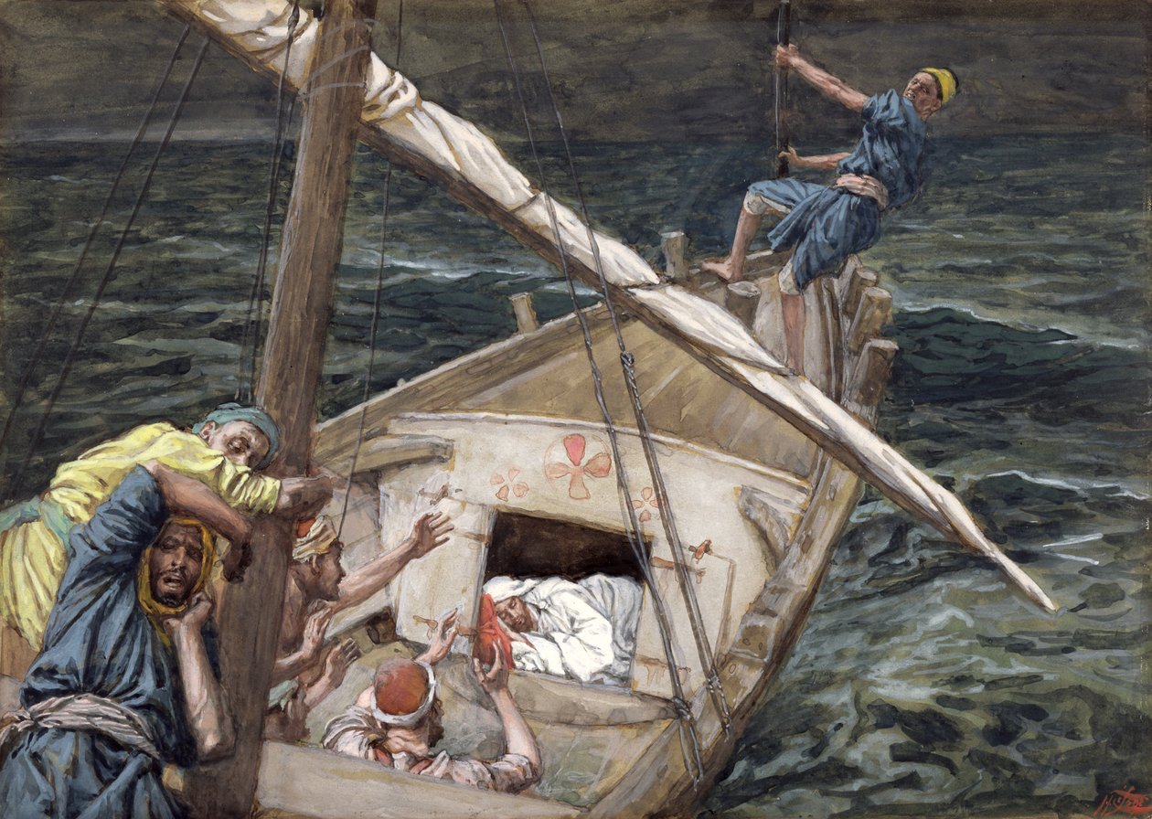Kristus nukkuu myrskyn aikana, kuvitus teokseen The Life of Christ, n. 1886-1894 (wc ja guassi pahville) tekijältä James Jacques Joseph Tissot