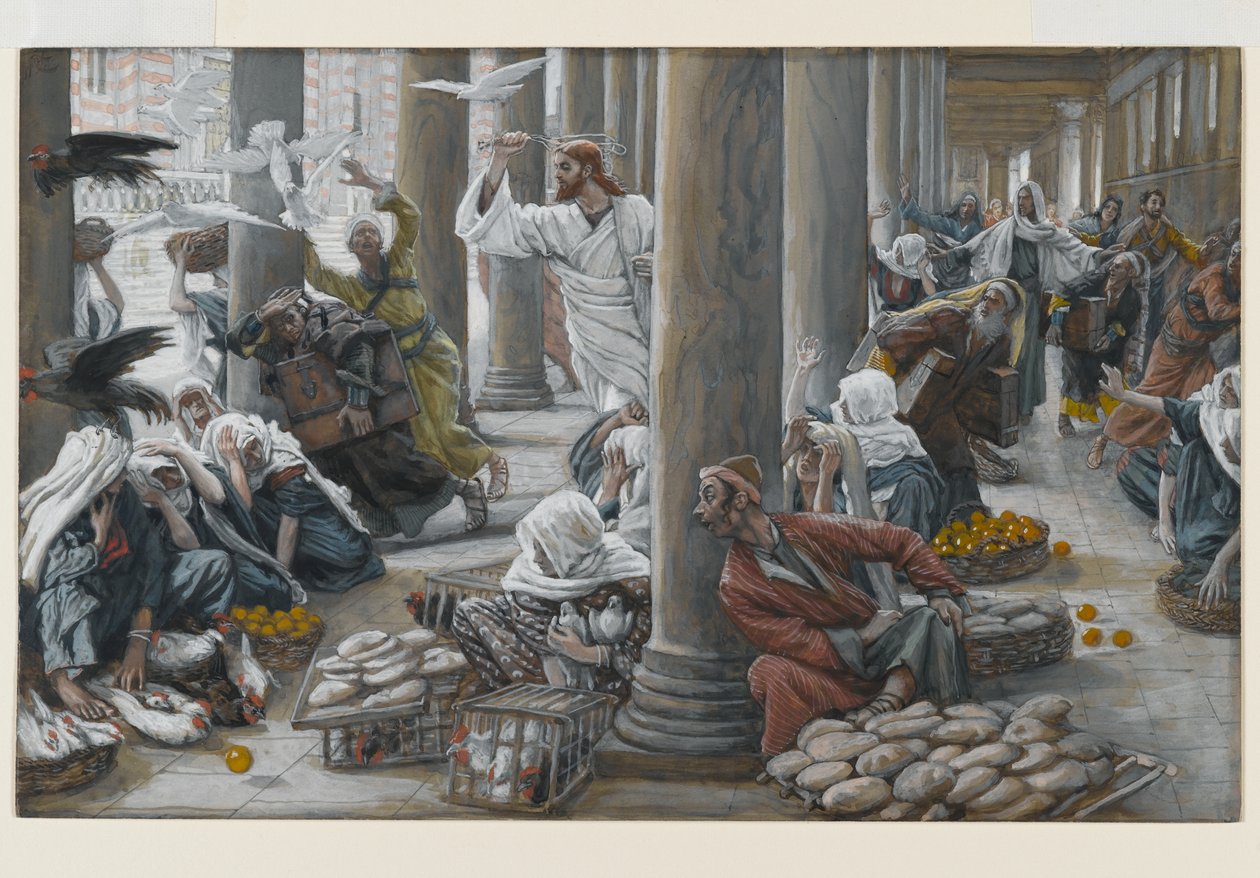 Kristus ajaa ulos ne, jotka myivät ja ostivat temppelistä, kuvitus teoksesta The Life of Christ, n. 1884-1896 (wc ja guassi pahville) tekijältä James Jacques Joseph Tissot