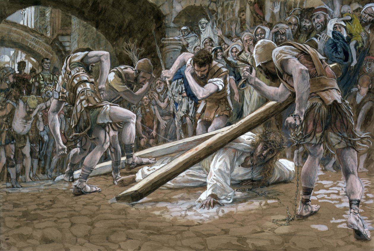 Kristus putoaa ristin alle, kuvitus teoksesta The Life of Christ, n. 1884-1896 (wc ja guassi pahville) tekijältä James Jacques Joseph Tissot