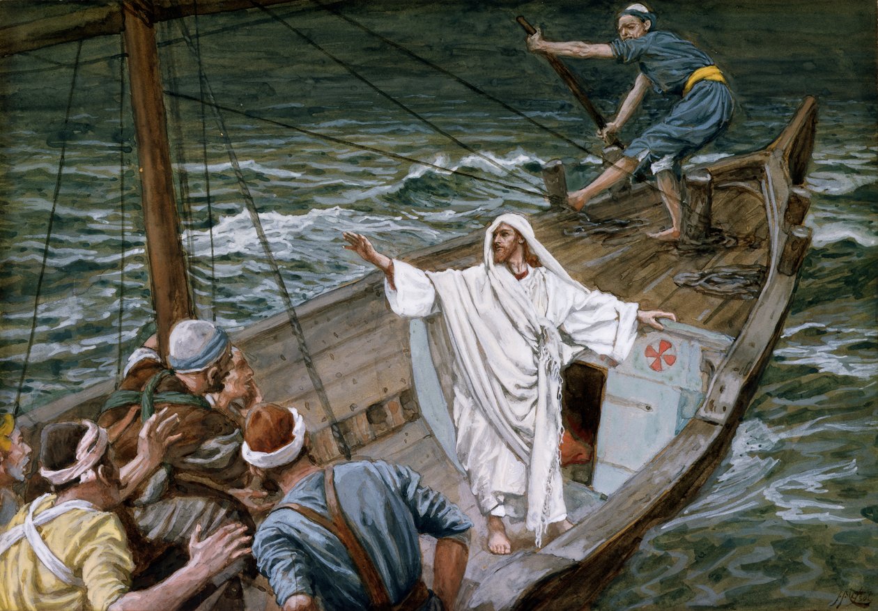 Kristus pysäyttää myrskyn, kuvitus teokseen The Life of Christ, n. 1886-1894 (wc ja guassi pahville) tekijältä James Jacques Joseph Tissot