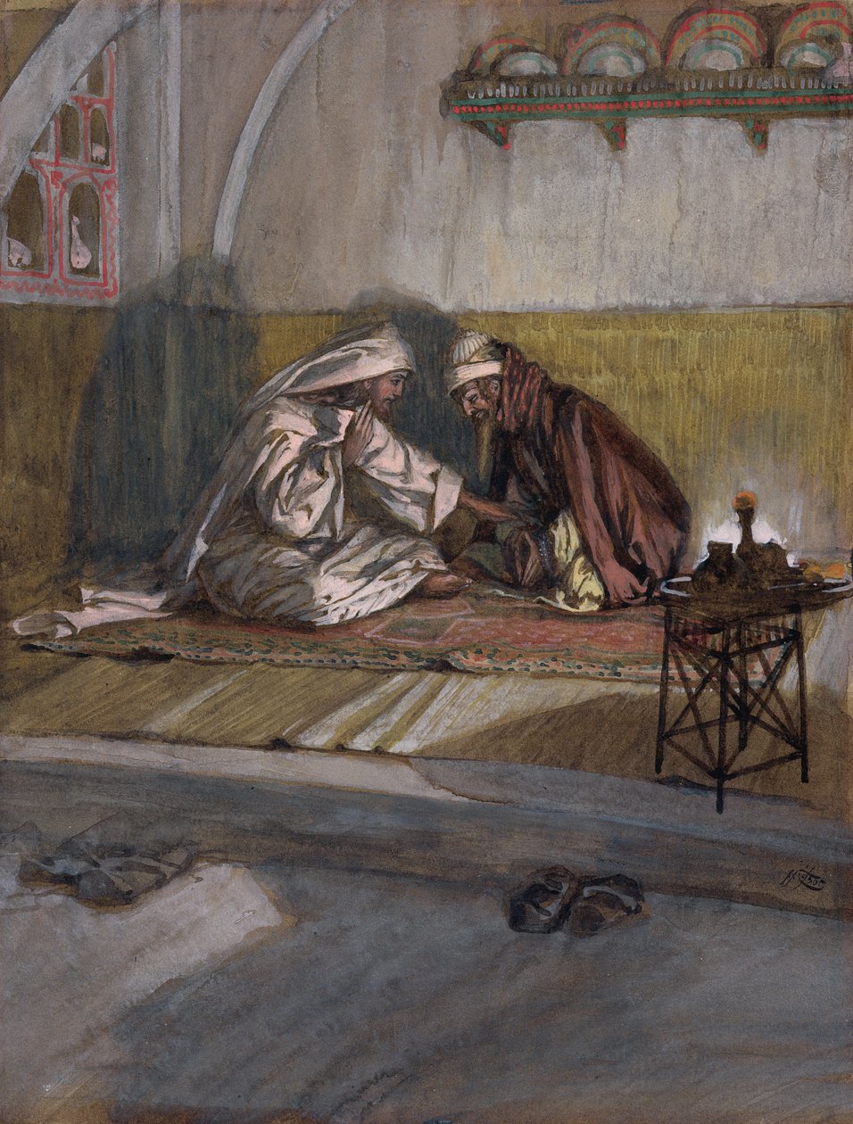 Kristus puhuu Nikodeemuksen kanssa, kuvitus teokseen The Life of Christ, n. 1886-1894 (wc ja guassi pahville) tekijältä James Jacques Joseph Tissot
