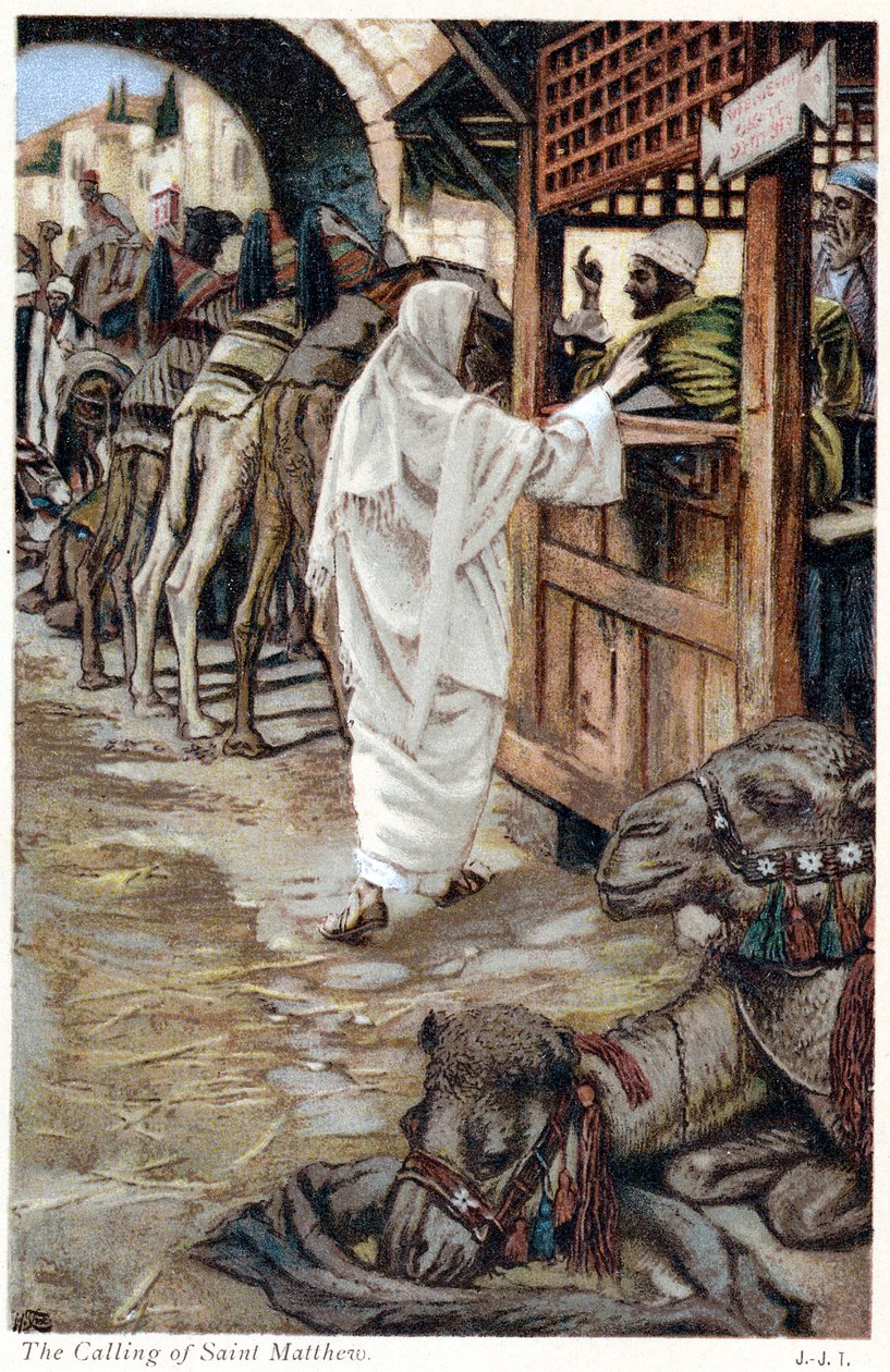 Kristus kutsuu Matteuksen, veronkantajan, c1890 tekijältä James Jacques Joseph Tissot