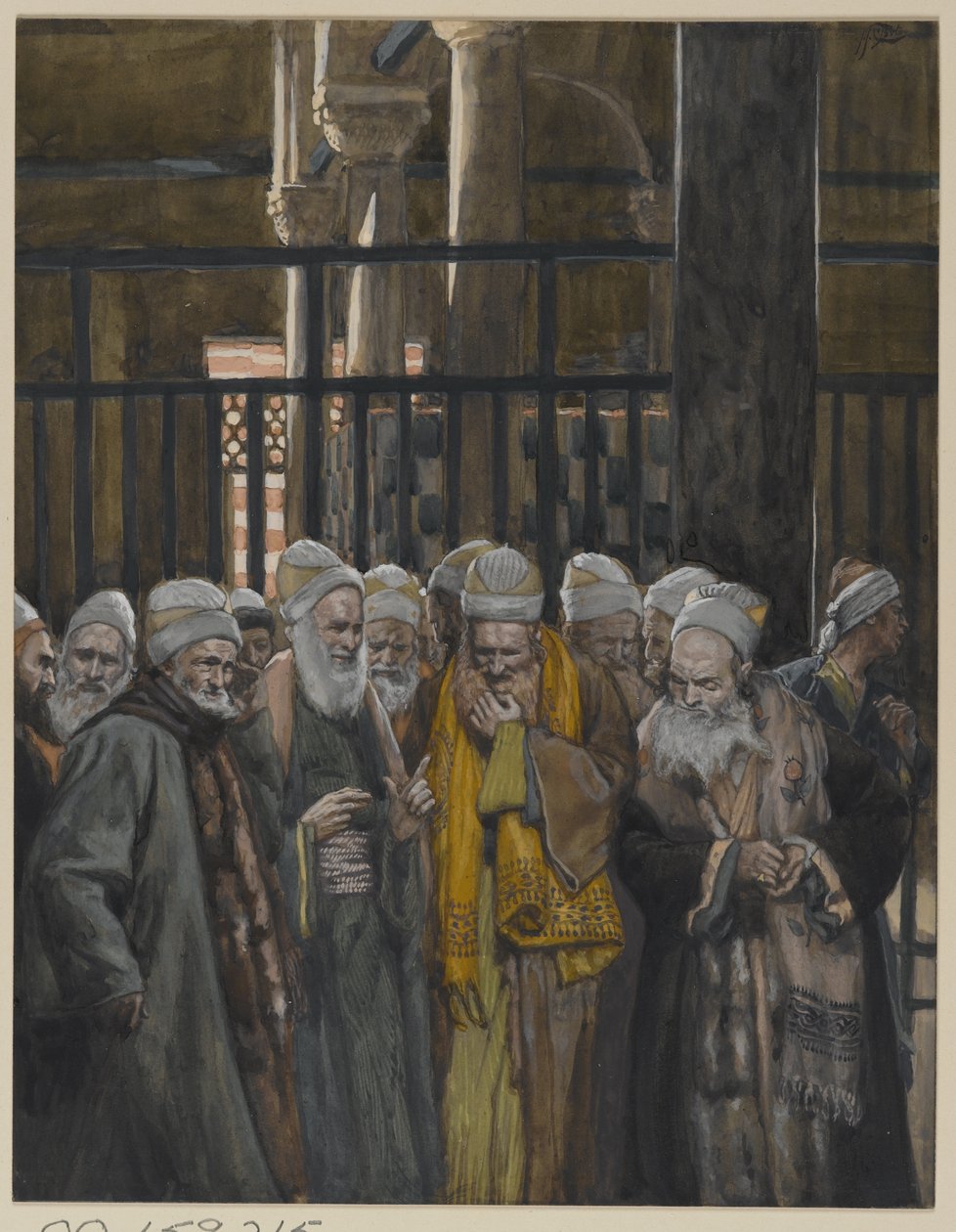 Juutalaisten salaliitto, esimerkki teoksesta Herramme Jeesuksen Kristuksen elämä, 1886-94 (wc grafiitin päällä paperilla) tekijältä James Jacques Joseph Tissot