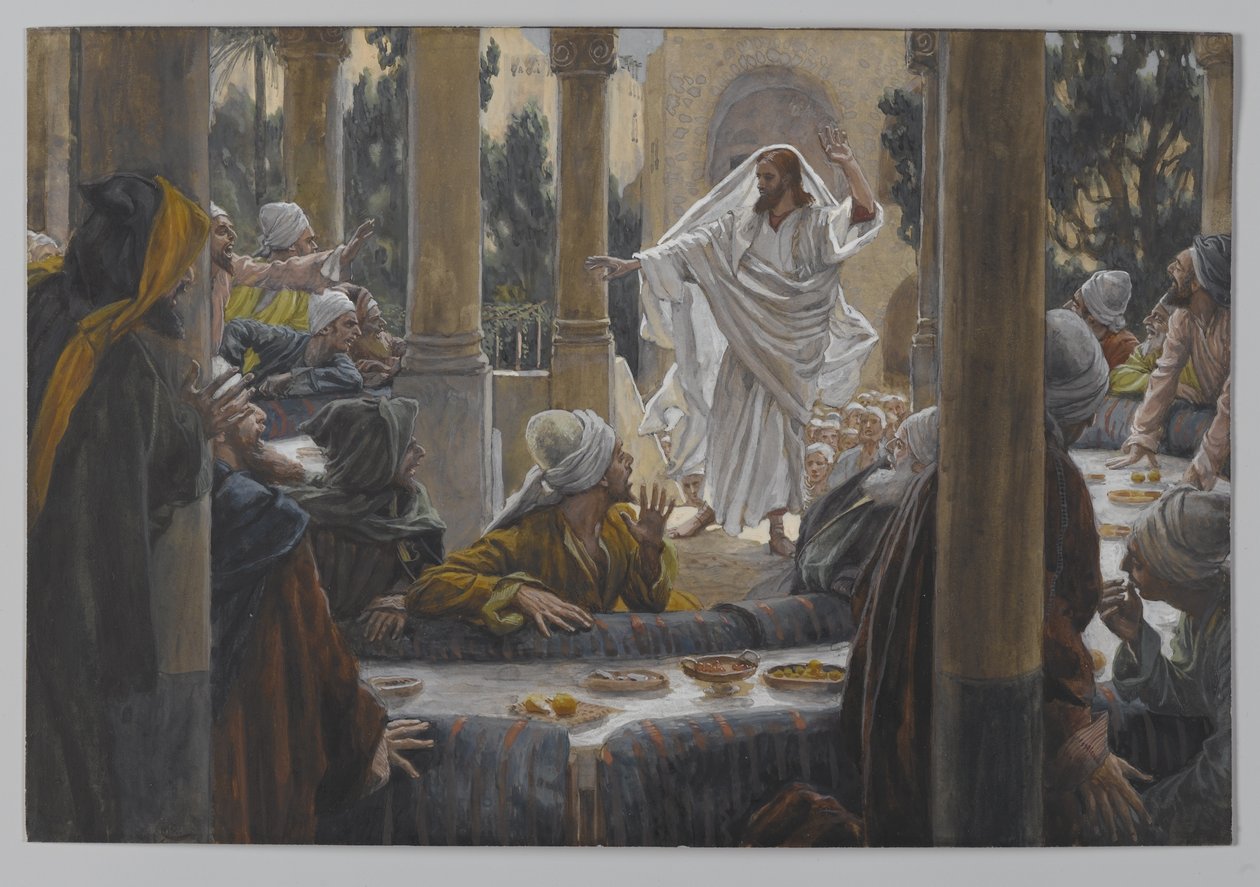 Kirouksia fariseuksia vastaan, esimerkki teoksesta Herramme Jeesuksen Kristuksen elämä, 1886-96 (wc grafiitin päällä paperilla) tekijältä James Jacques Joseph Tissot