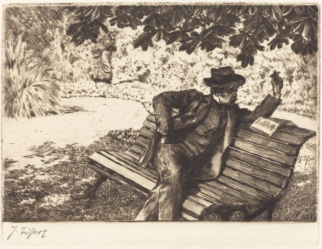 Denoisel lukee puutarhassa tekijältä James Jacques Joseph Tissot