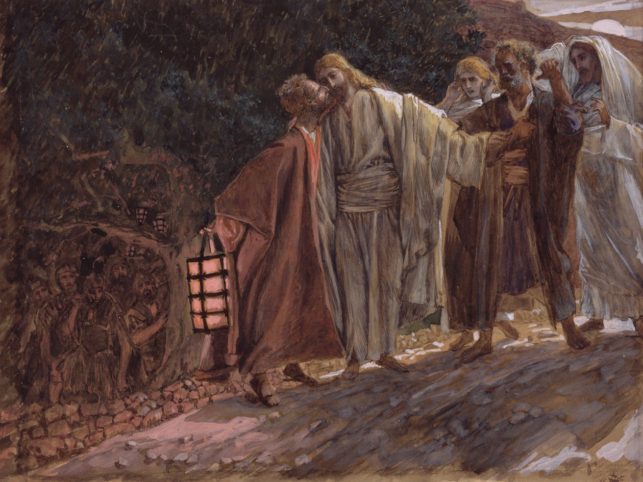 Tervehdys mestari, ja hän suuteli häntä, kuvitus teokseen The Life of Christ, n. 1886-1894 (wc ja guassi pahville) tekijältä James Jacques Joseph Tissot