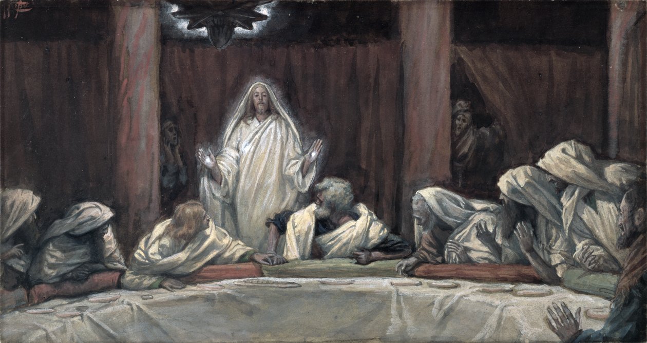Hän ilmestyi yhdelletoista, kun he istuivat lihassa, kuvitus teoksesta The Life of Christ, n. 1884-1896 (wc ja guassi pahville) tekijältä James Jacques Joseph Tissot