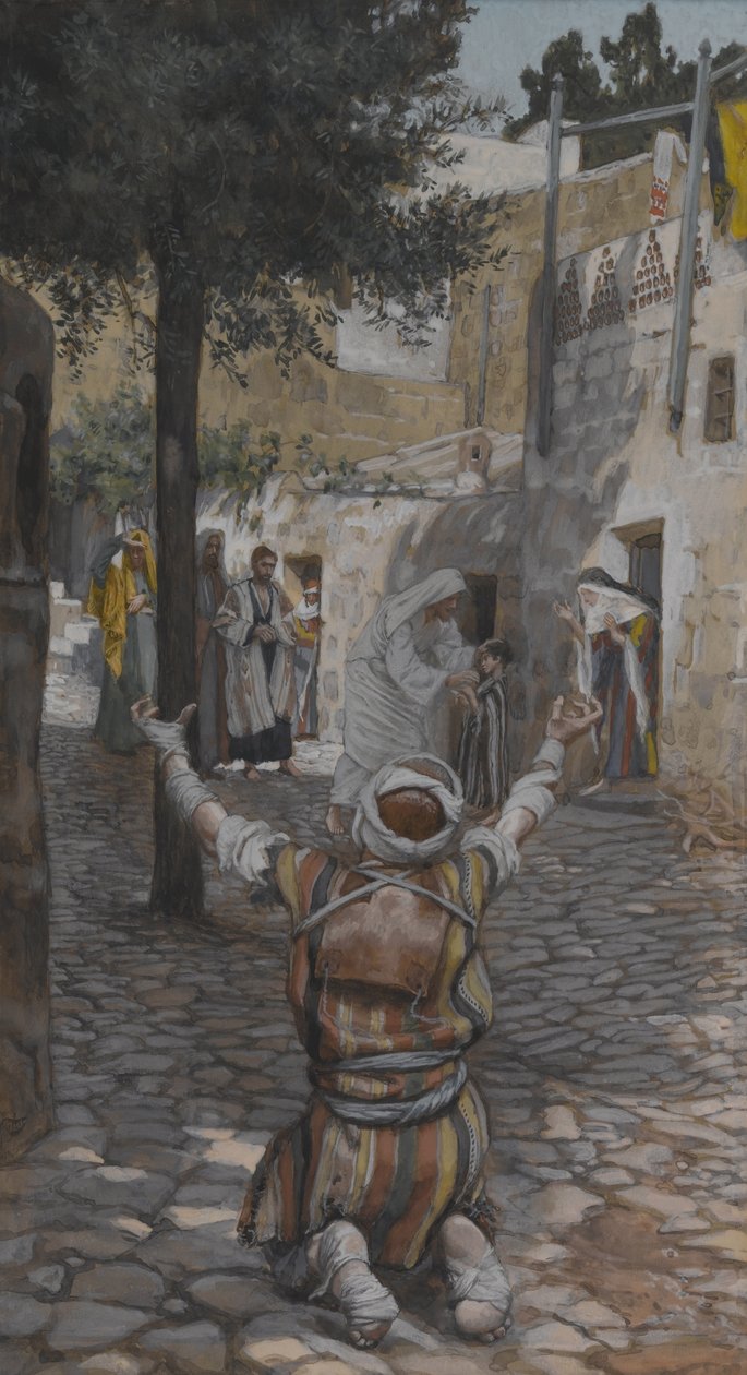 Spitaalisten parantaminen Kapernaumissa, esimerkki teoksesta Herramme Jeesuksen Kristuksen elämä (wc grafiitin päällä paperilla) tekijältä James Jacques Joseph Tissot