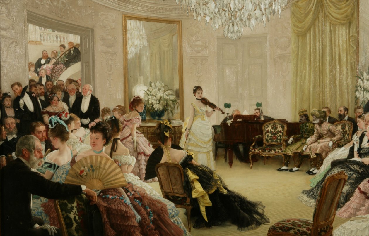 Hiljaa! (The Concert), n.1875 (öljy kankaalle) tekijältä James Jacques Joseph Tissot