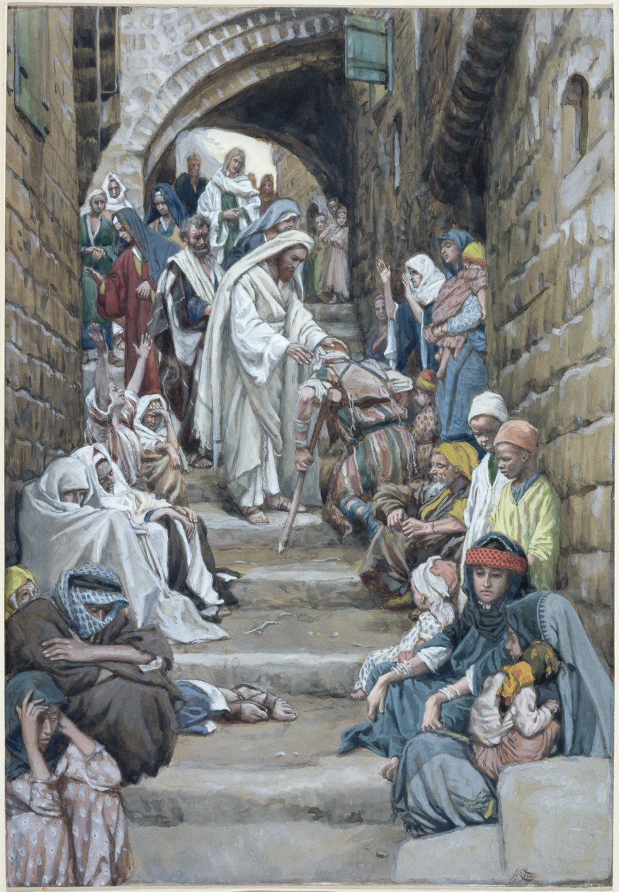 Kylissä sairaita tuotiin hänen luokseen, kuvitus teokseen The Life of Christ, n. 1886-1894 (wc ja guassi pahville) tekijältä James Jacques Joseph Tissot