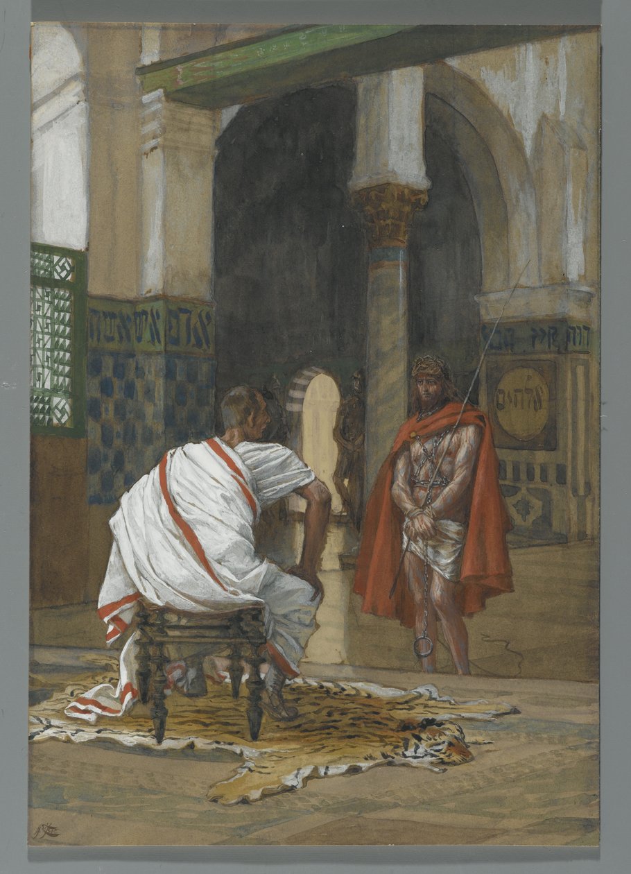 Jeesus Pilatuksen edessä - Toinen haastattelu, kuvitus teoksesta Herramme Jeesuksen Kristuksen elämä, 1886-94 (wc grafiitin päällä paperilla) tekijältä James Jacques Joseph Tissot