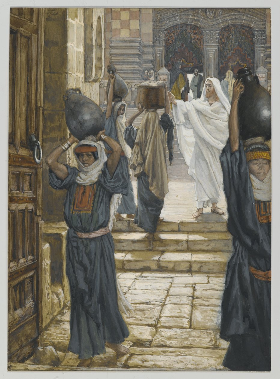 Jeesus kieltää kuormien kantamisen temppelin etupihalla, esimerkki teoksesta Herramme Jeesuksen Kristuksen elämä, 1886-94 (wc grafiitin päällä paperilla) tekijältä James Jacques Joseph Tissot