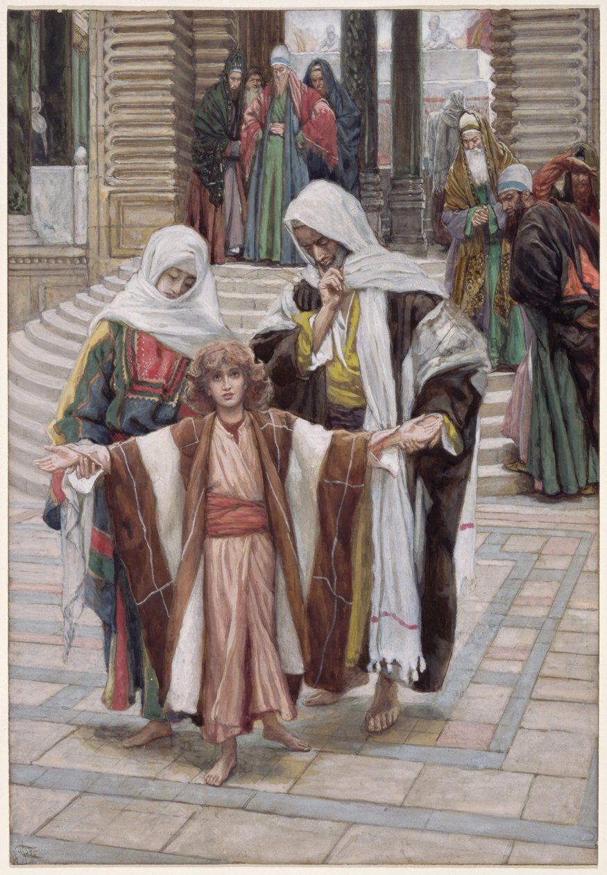Jeesus löydetty temppelistä, kuvitus teoksesta The Life of Christ, n. 1886-1894 (wc ja guassi pahville) tekijältä James Jacques Joseph Tissot