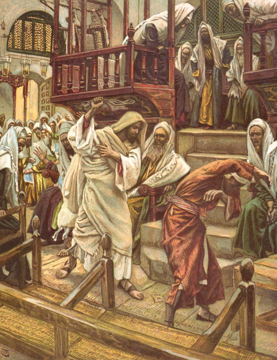 Jeesus parantaa demonin riivaaman miehen synagogassa, kuvitus teokselle "La Vie de notre Seigneur Jesus-Christ", julkaistu Toursissa 1896 tekijältä James Jacques Joseph Tissot