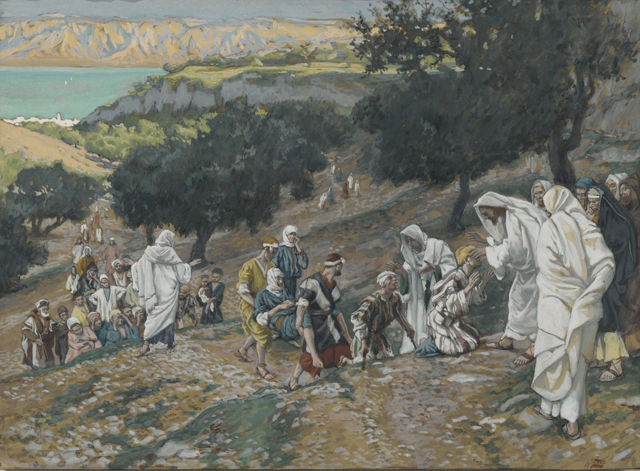 Jeesus parantaa sokeita ja rampoja vuorella, esimerkki teoksesta Herramme Jeesuksen Kristuksen elämä (wc grafiitin päällä paperilla) tekijältä James Jacques Joseph Tissot