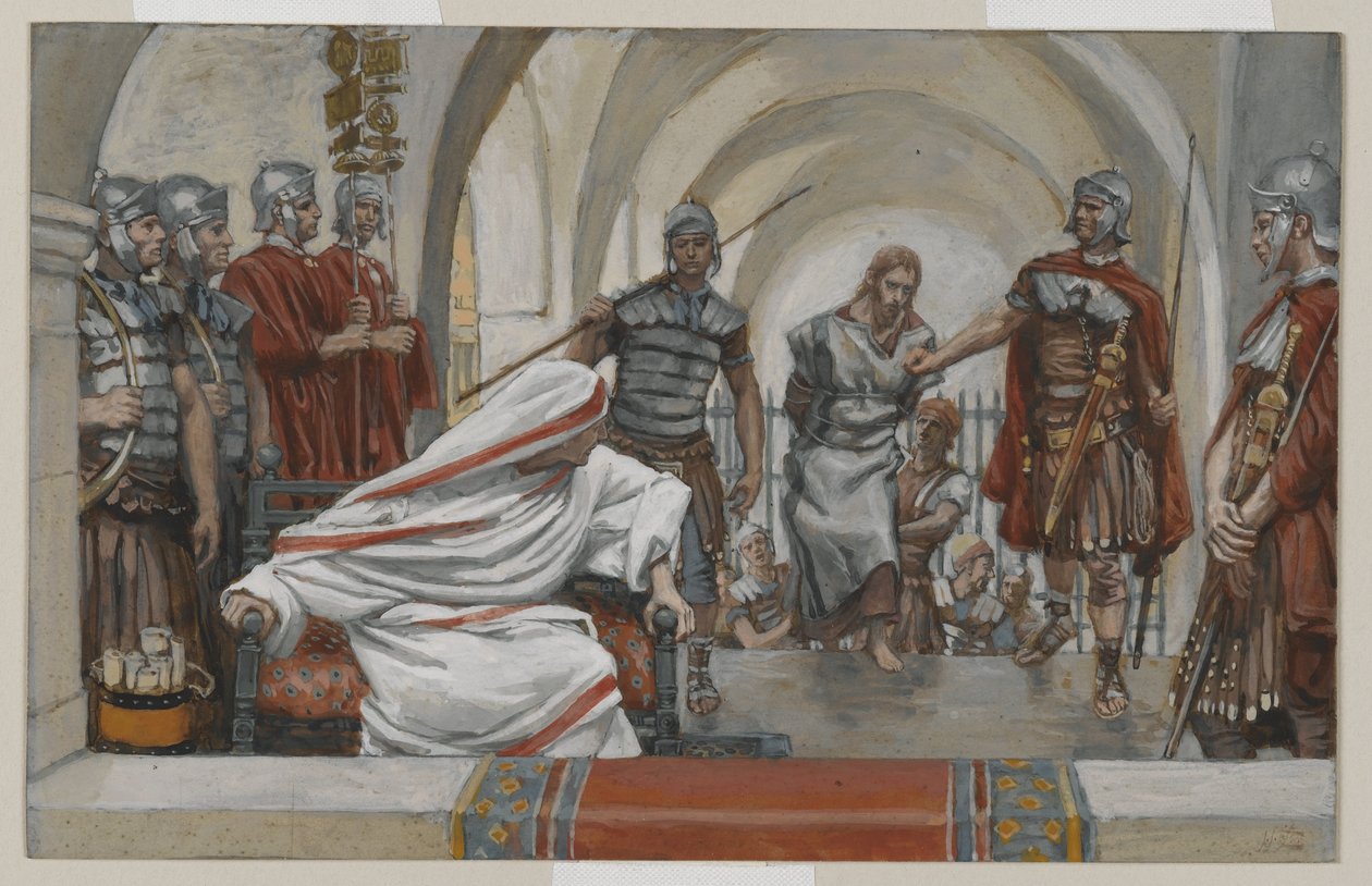 Jeesus johdatti Herodekselta Pilatukselle, esimerkki teoksesta Herramme Jeesuksen Kristuksen elämä, 1886-94 (wc grafiitin päällä paperilla) tekijältä James Jacques Joseph Tissot