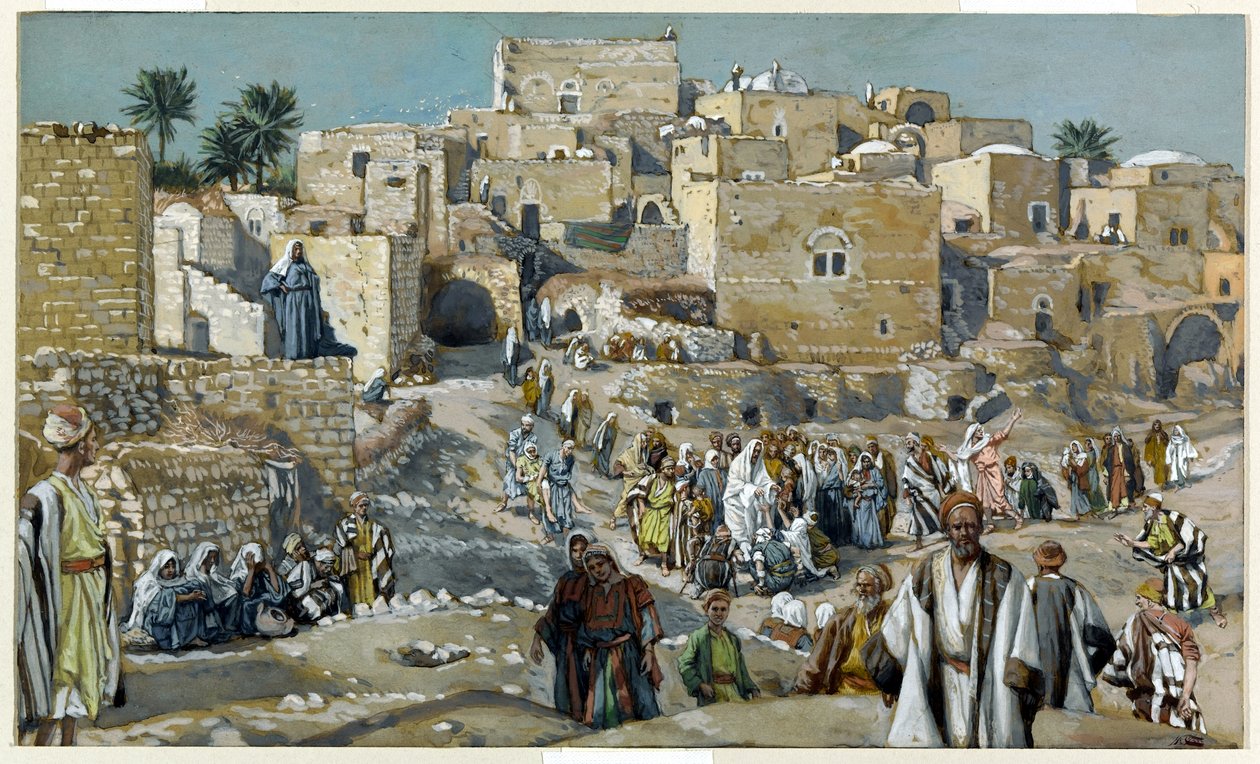 Jeesus kulkee kylien läpi matkalla Jerusalemiin, kuvitus teokselle The Life of Christ, n. 1884-1896 (wc ja guassi pahville) tekijältä James Jacques Joseph Tissot