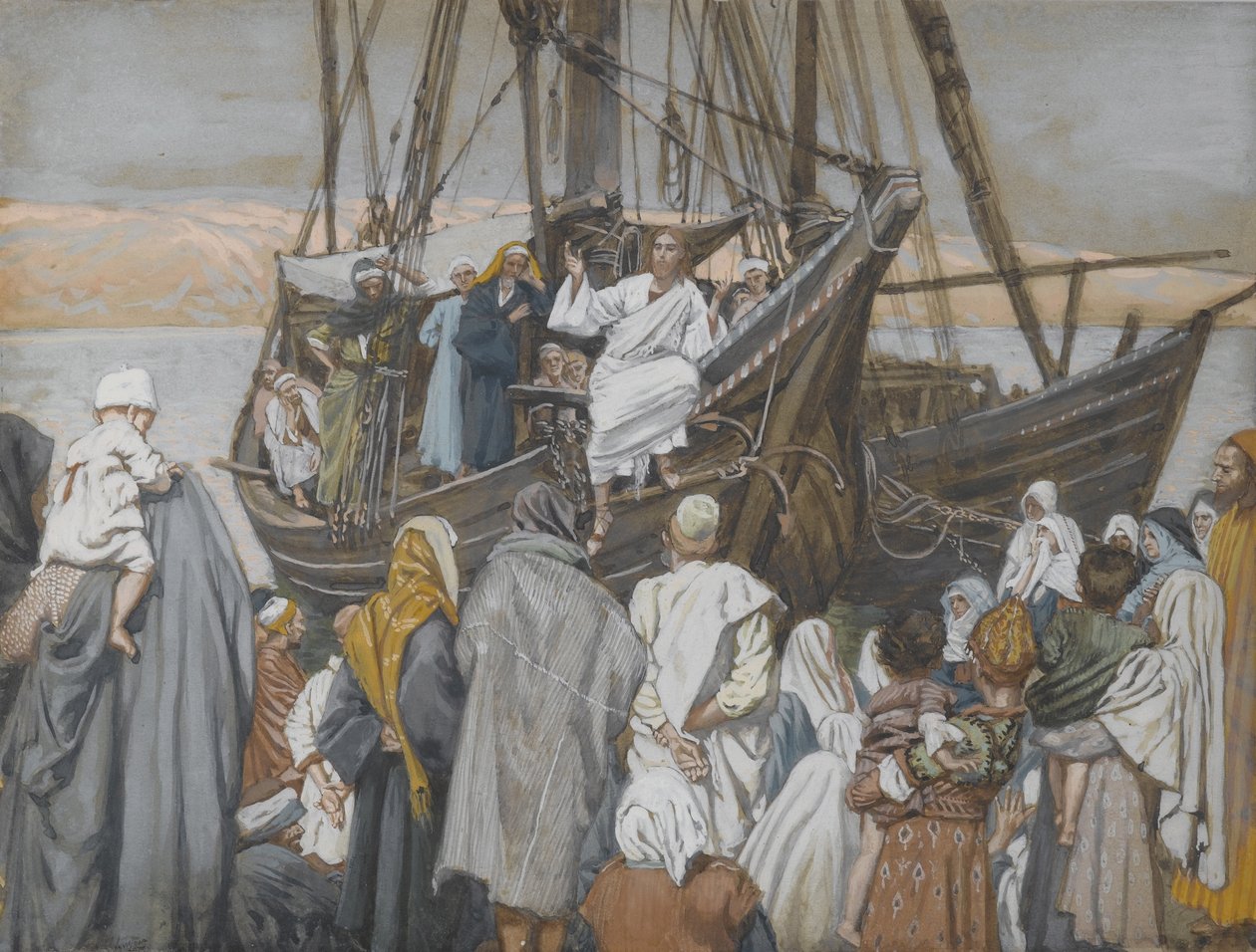 Jeesus saarnaa laivassa, esimerkki teoksesta Herramme Jeesuksen Kristuksen elämä (wc grafiitin päällä paperilla) tekijältä James Jacques Joseph Tissot