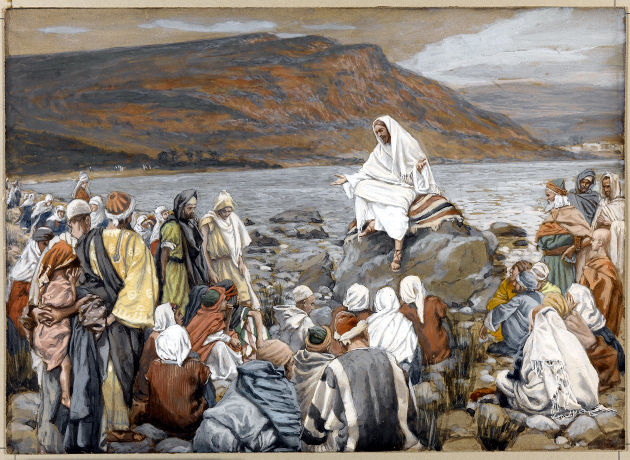 Jeesus opettaa ihmisiä meren rannalla, kuvitus teokseen The Life of Christ, n. 1886-1896 (läpinäkymätön akvarelli grafiitin päällä harmaalla kudotulla kartongilla) tekijältä James Jacques Joseph Tissot