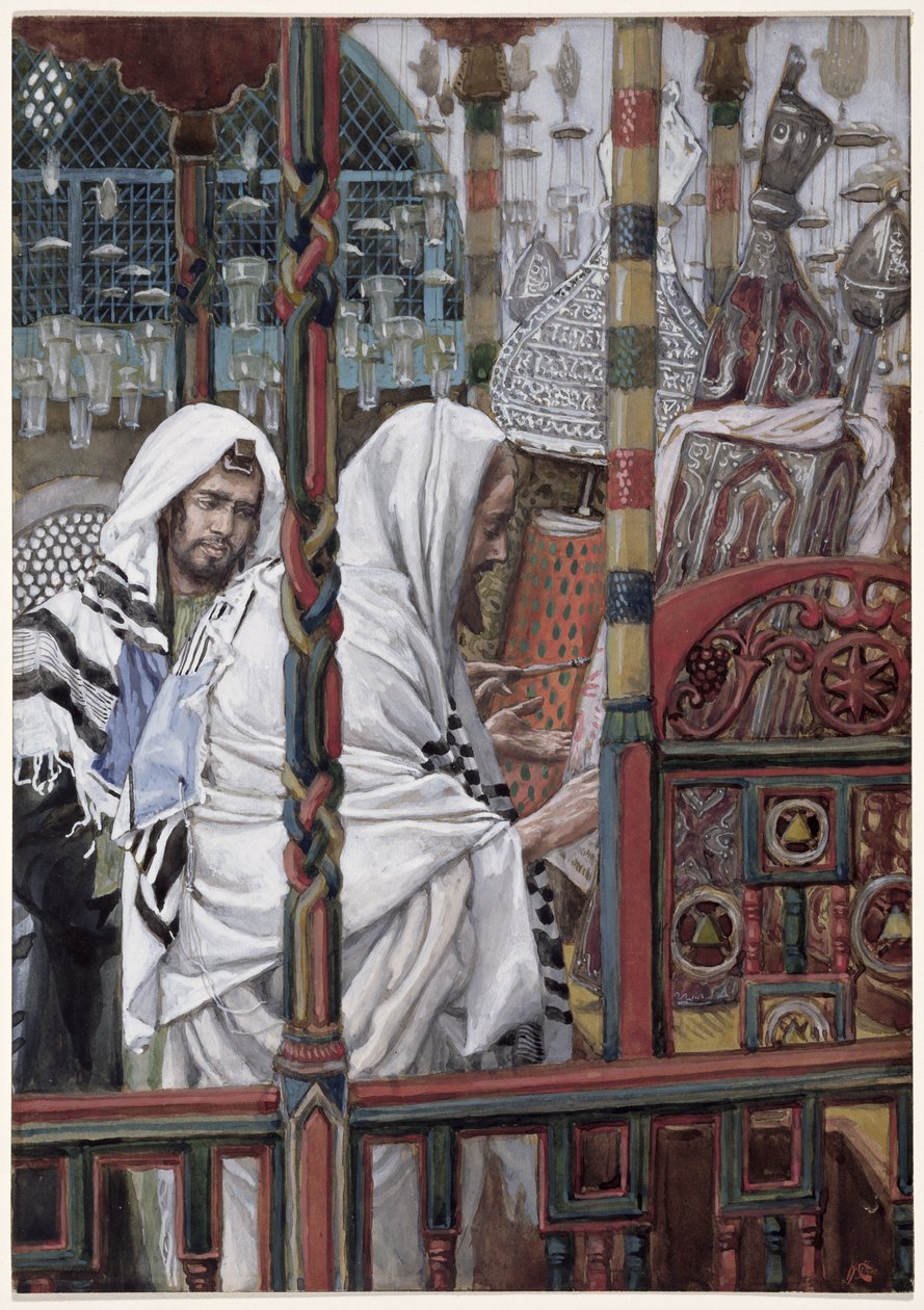 Jeesus opettaa synagogassa, kuvitus teoksesta The Life of Christ, n. 1886-1894 (wc ja guassi pahville) tekijältä James Jacques Joseph Tissot