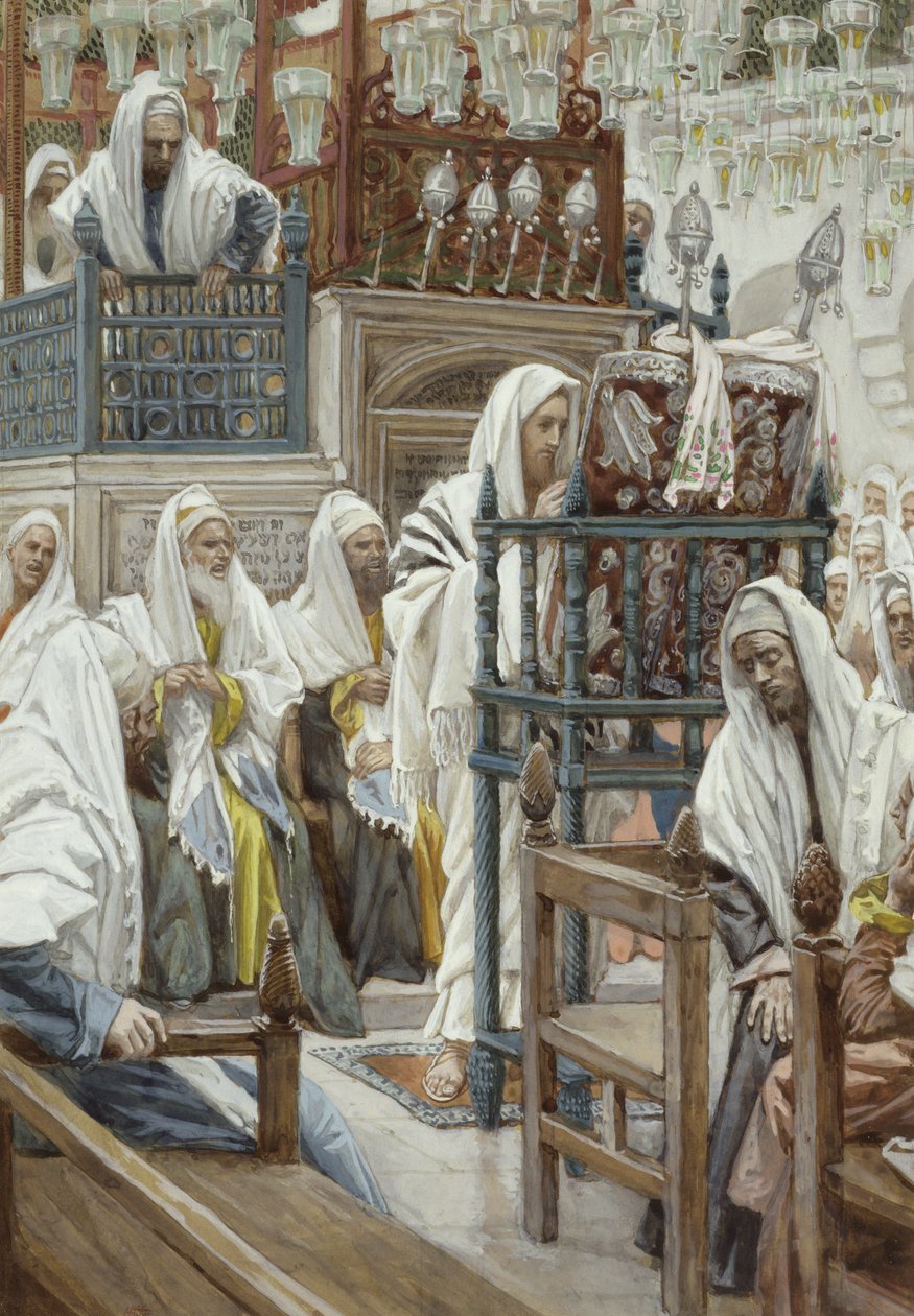 Jeesus avaa kirjan synagogassa, kuvitus kirjaan The Life of Christ, n. 1886-1896 (wc paperilla) tekijältä James Jacques Joseph Tissot