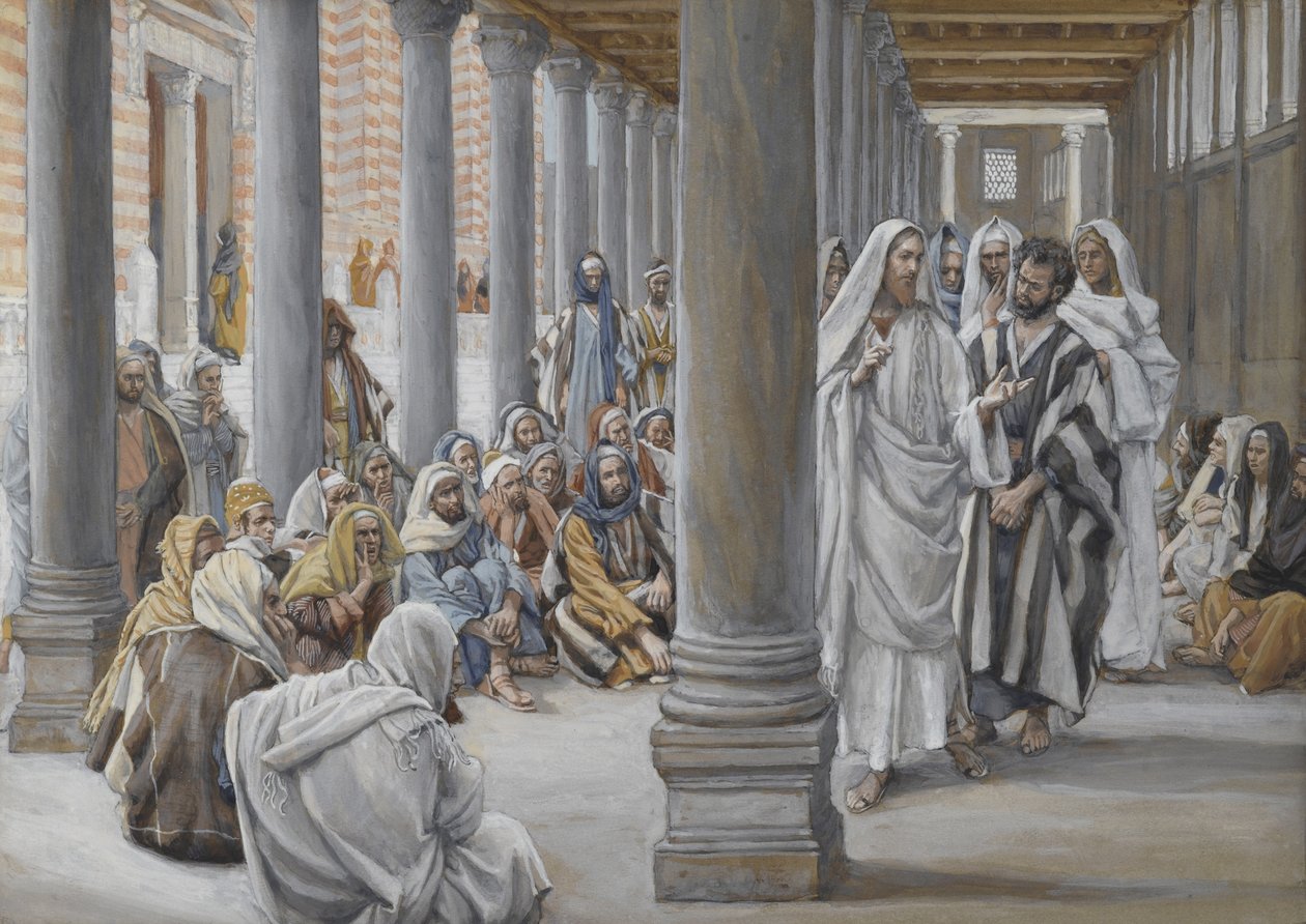 Jeesus kävelee Salomon Porticossa, esimerkki teoksesta Herramme Jeesuksen Kristuksen elämä, 1886-96 (wc grafiitin päällä paperilla) tekijältä James Jacques Joseph Tissot
