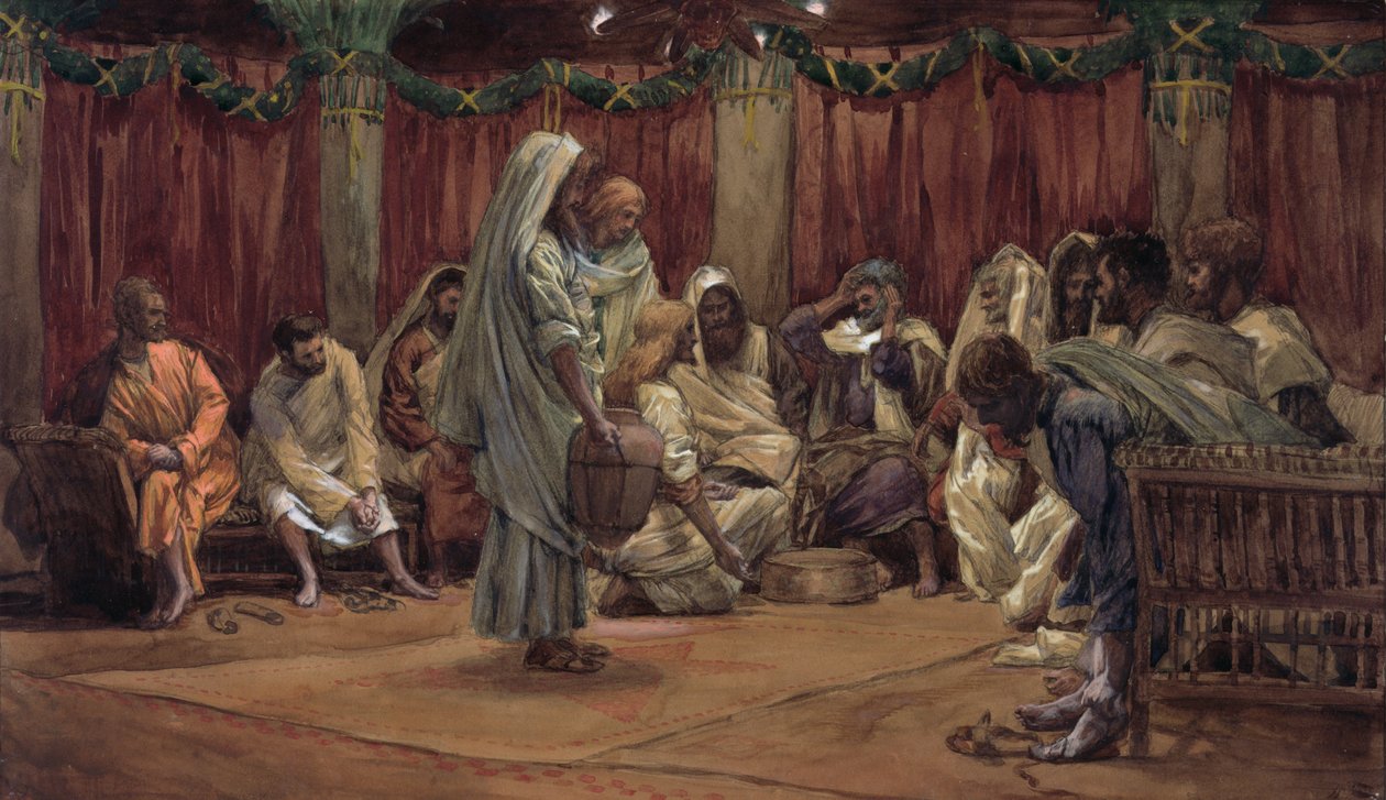 Jeesus pesee opetuslasten jalkoja, kuvitus teoksesta The Life of Christ, n. 1886-1894 (wc ja guassi pahville) tekijältä James Jacques Joseph Tissot