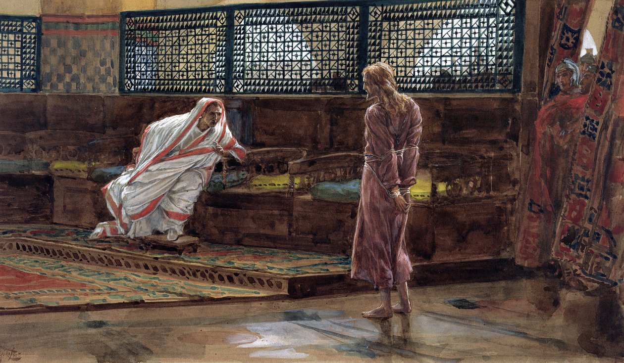 Jeesus ensimmäistä kertaa Pilatuksen edessä, kuvitus teokselle The Life of Christ, n. 1886-1894 (wc ja guassi pahville) tekijältä James Jacques Joseph Tissot