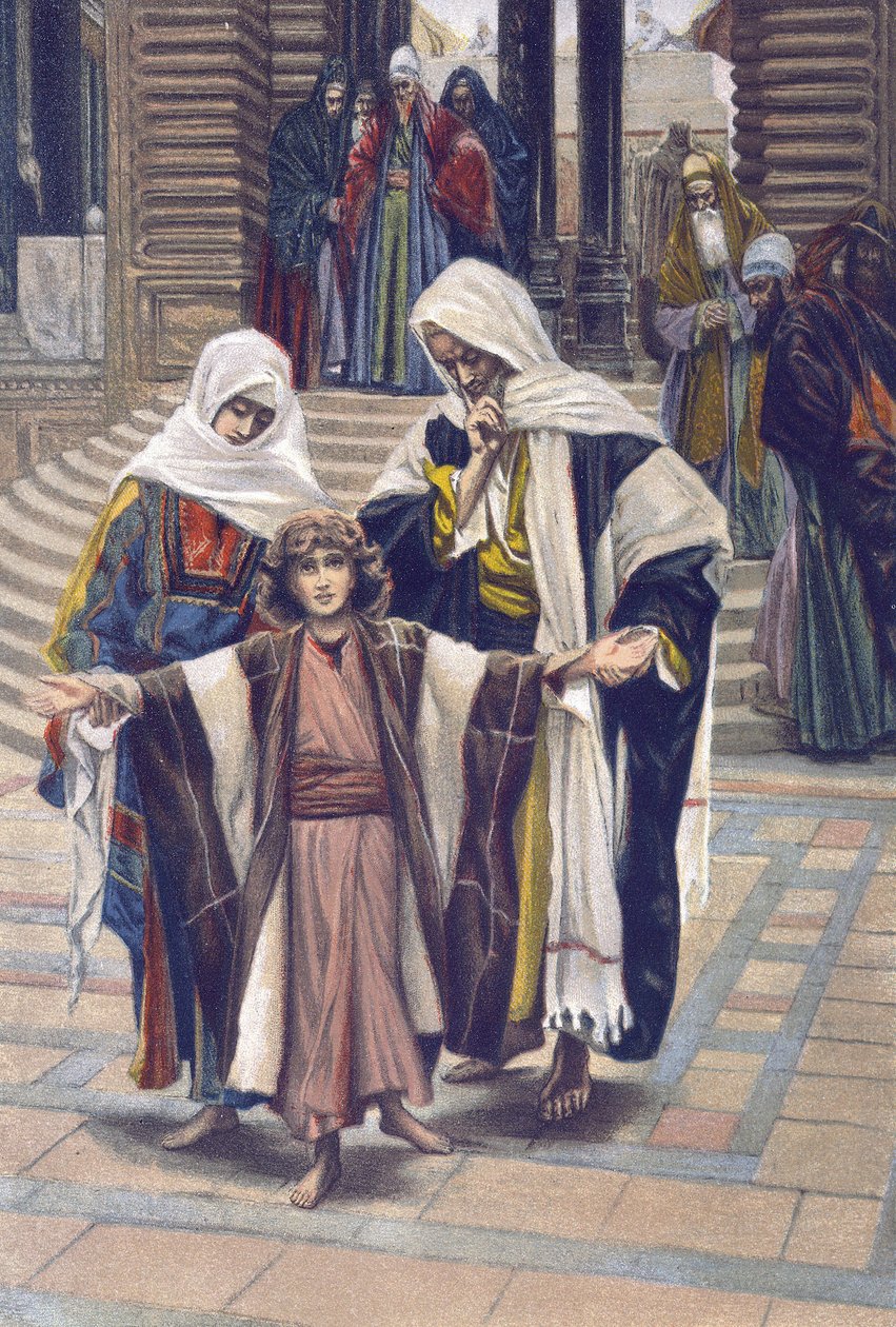 Jeesus löysi - Jeesus löydetty - kirjasta "" Herramme Jeesuksen Kristuksen elämä"" - 1899, James Tissot - Jeesus löydetty temppelistä - Herramme Jeesuksen Kristuksen elämä, kirjoittanut Jacques Joseph (Jacques Joseph) Tissot dit James Tissot ( 1836-1902) tekijältä James Jacques Joseph Tissot