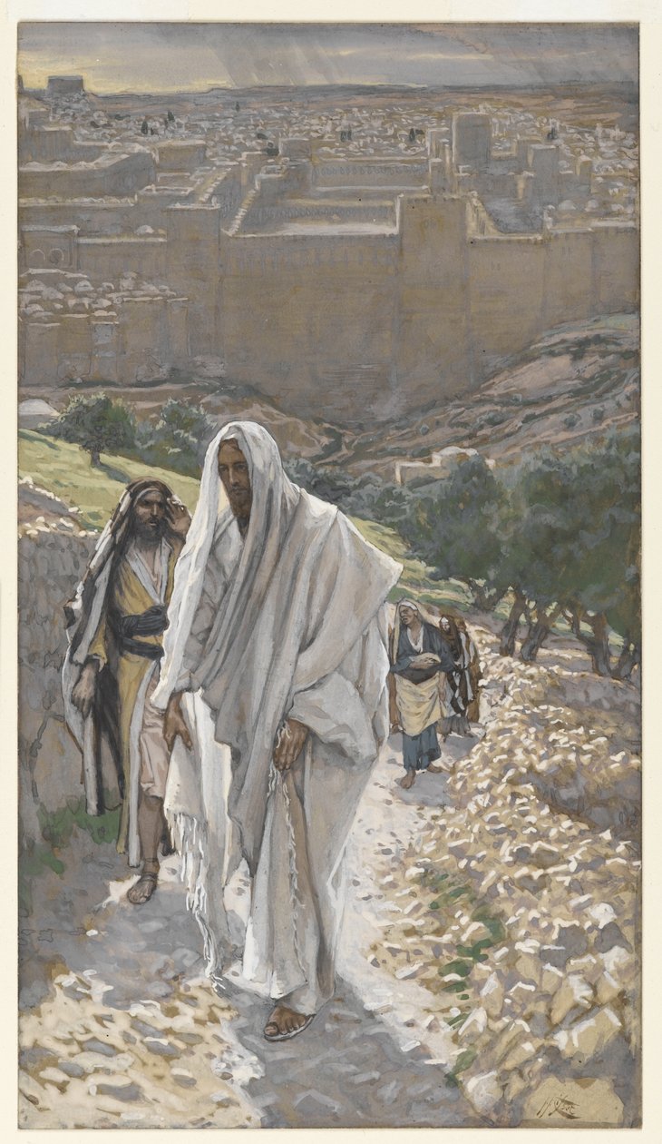 Jeesus menee illalla Betaniaan, esimerkki teoksesta Herramme Jeesuksen Kristuksen elämä, 1886-94 (wc grafiitin päällä paperilla) tekijältä James Jacques Joseph Tissot