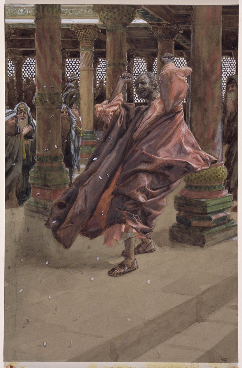 Juudas tekee parannuksen ja palauttaa rahat, kuvitus teokseen The Life of Christ, n. 1886-1894 (wc ja guassi pahville) tekijältä James Jacques Joseph Tissot