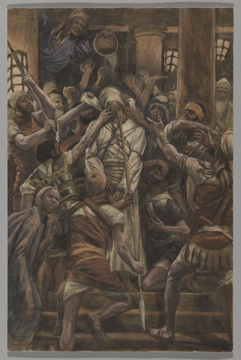 Pahoinpitelyt Kaifaan talossa, esimerkki teoksesta Herramme Jeesuksen Kristuksen elämä, 1886-94 (wc grafiitin päällä paperilla) tekijältä James Jacques Joseph Tissot