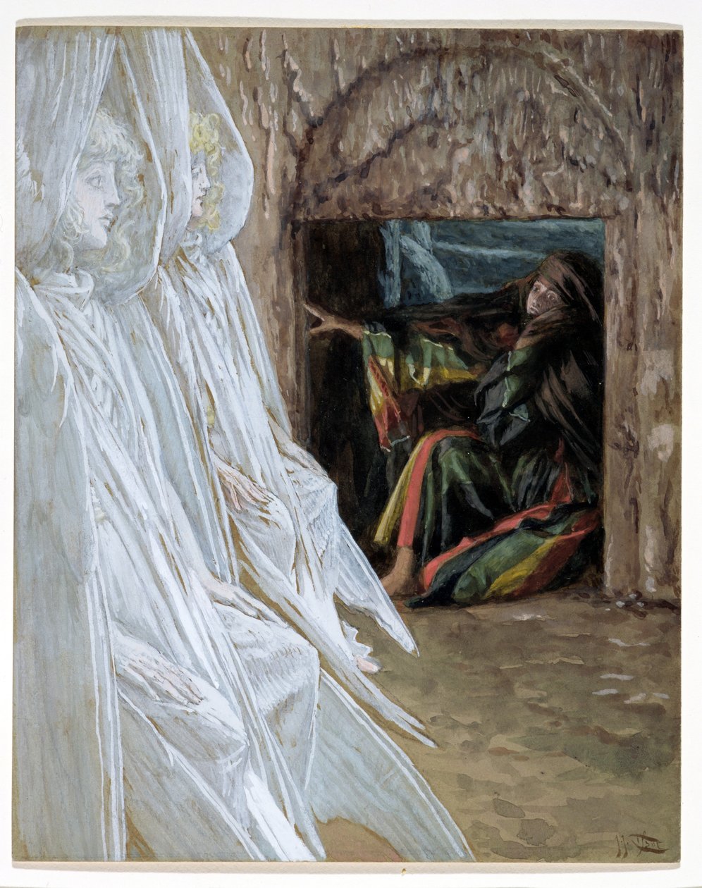 Maria Magdaleena kyselee enkeleitä haudassa, kuvitus teokseen The Life of Christ, n. 1886-1894 (wc ja guassi pahville) tekijältä James Jacques Joseph Tissot