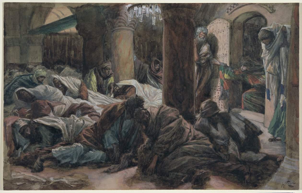 Maria Magdaleena juoksee ja kertoo opetuslapsille, että Kristuksen ruumis ei ole enää haudassa, kuva Kristuksen elämästä, n. 1886-1894 (wc ja guassi pahville) tekijältä James Jacques Joseph Tissot
