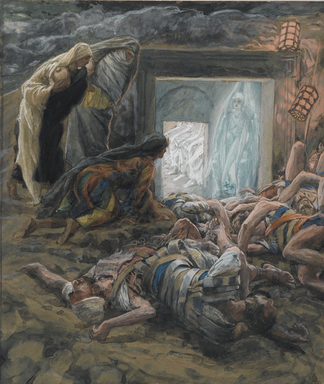 Maria Magdaleena ja pyhät naiset haudalla, kuvitus teoksesta Herramme Jeesuksen Kristuksen elämä, 1886-94 (wc grafiitin päällä paperilla) tekijältä James Jacques Joseph Tissot