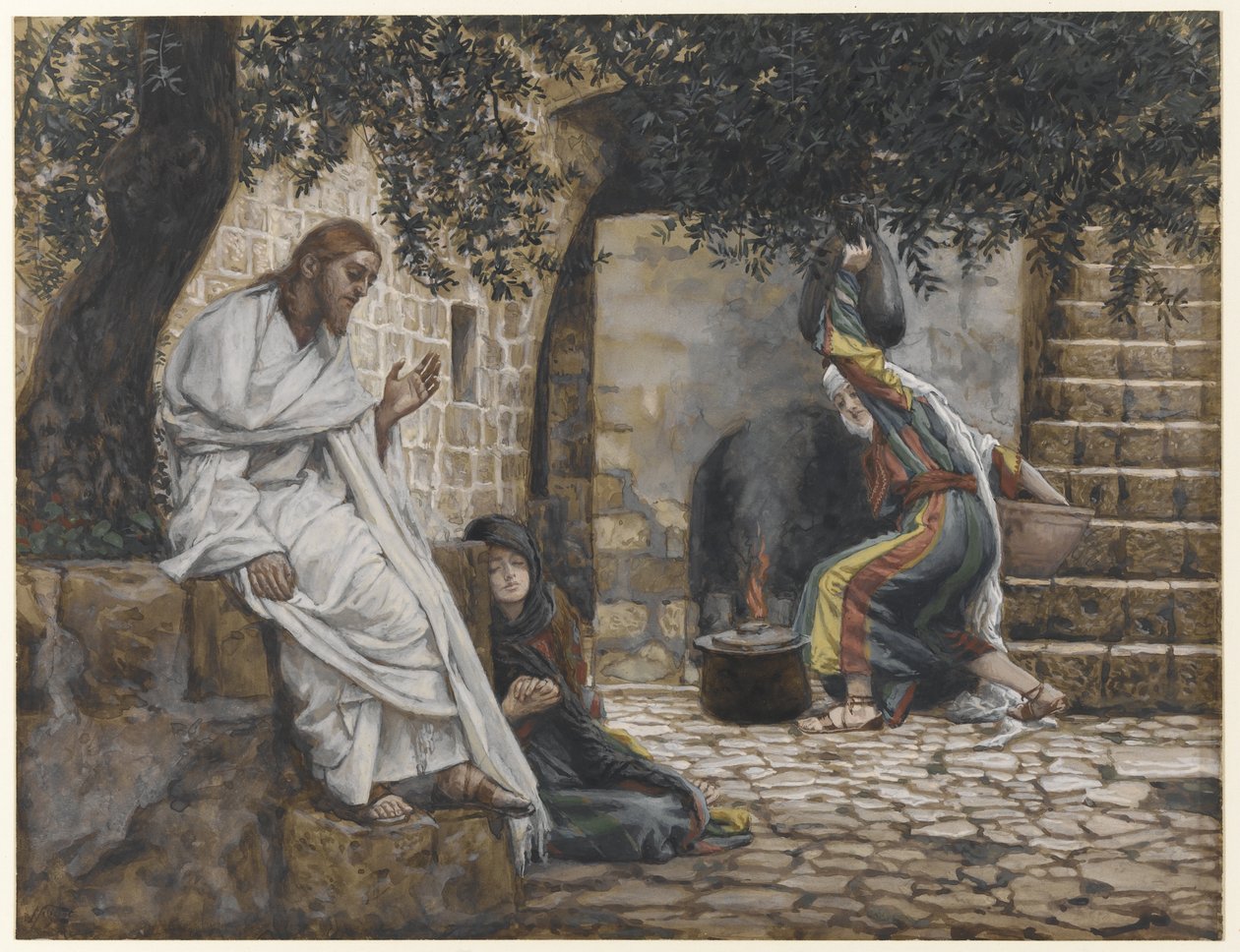 Maria Magdaleena Jeesuksen jaloissa, kuvitus teoksesta Herramme Jeesuksen Kristuksen elämä, 1886-94 (wc grafiitin päällä paperilla) tekijältä James Jacques Joseph Tissot