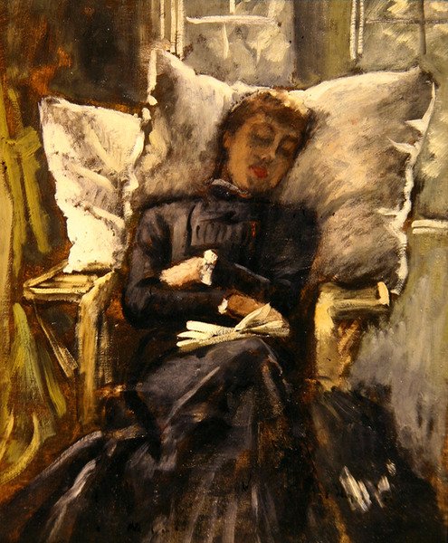 Rouva Newton konservatoriotuolissa, noin 1871 (öljy kankaalle). tekijältä James Jacques Joseph Tissot